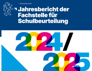 Berichttitel in weiss auf einem blauen Hintergrund und blau-gelb-roten Jahreszahlen auf weissem Hintergrund